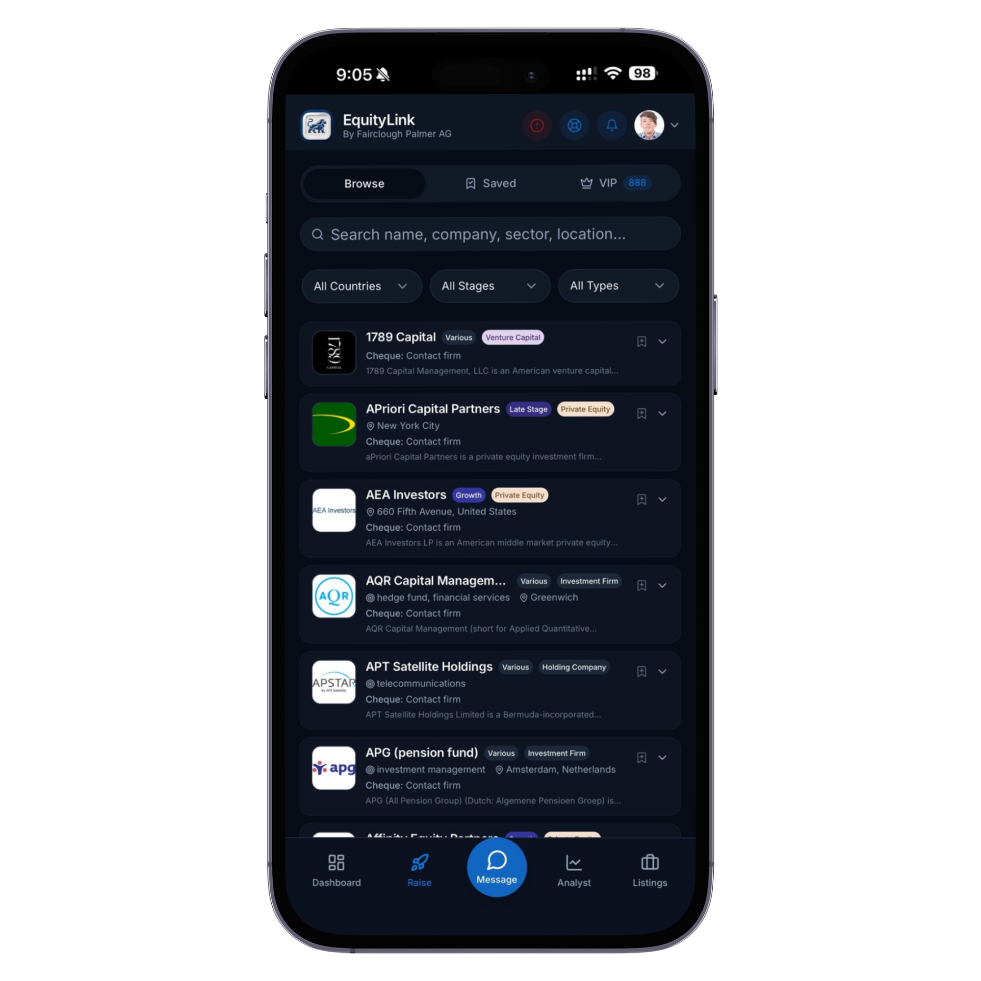 Investor Directory shown in the EquityLink app