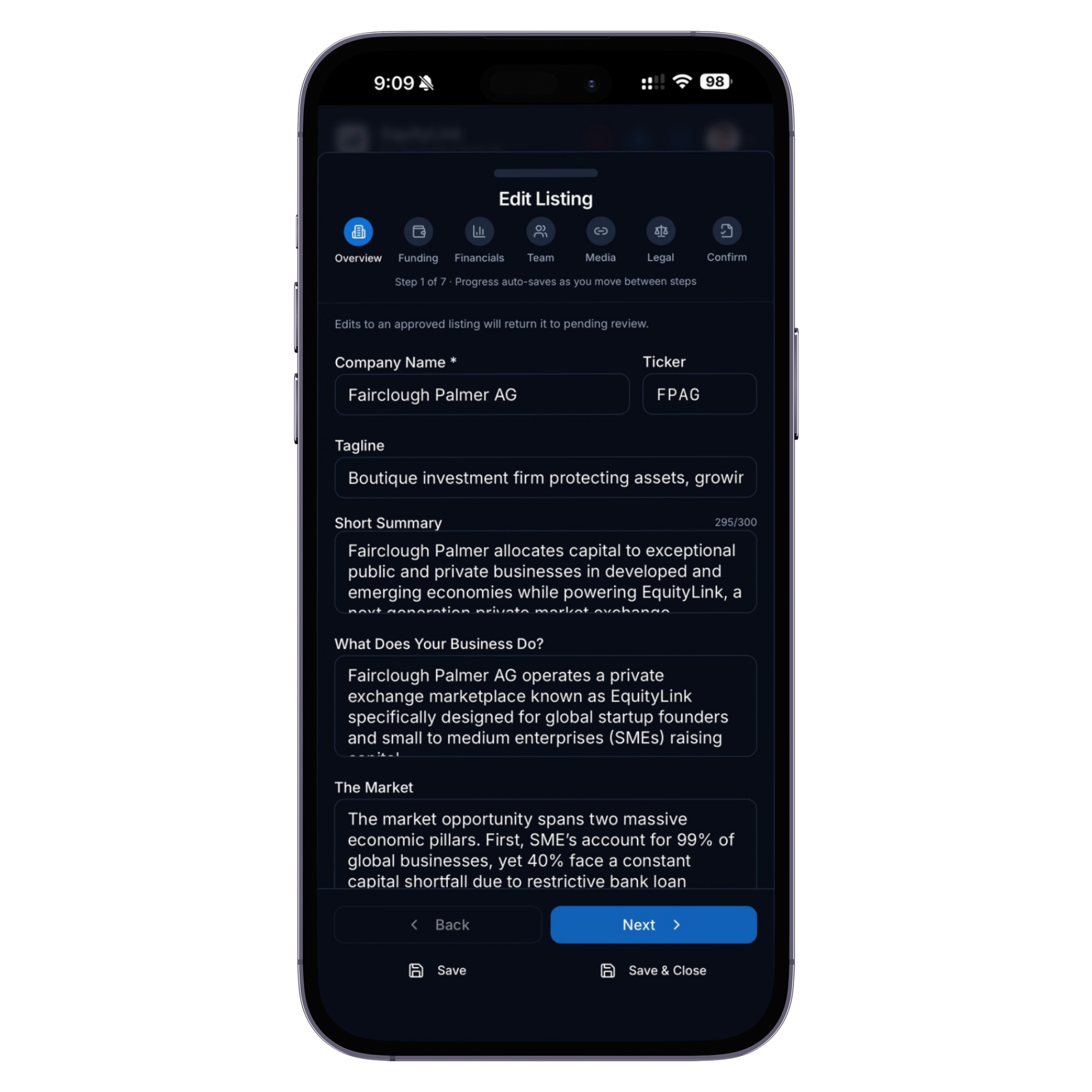 Company Profile & Data shown in the EquityLink app