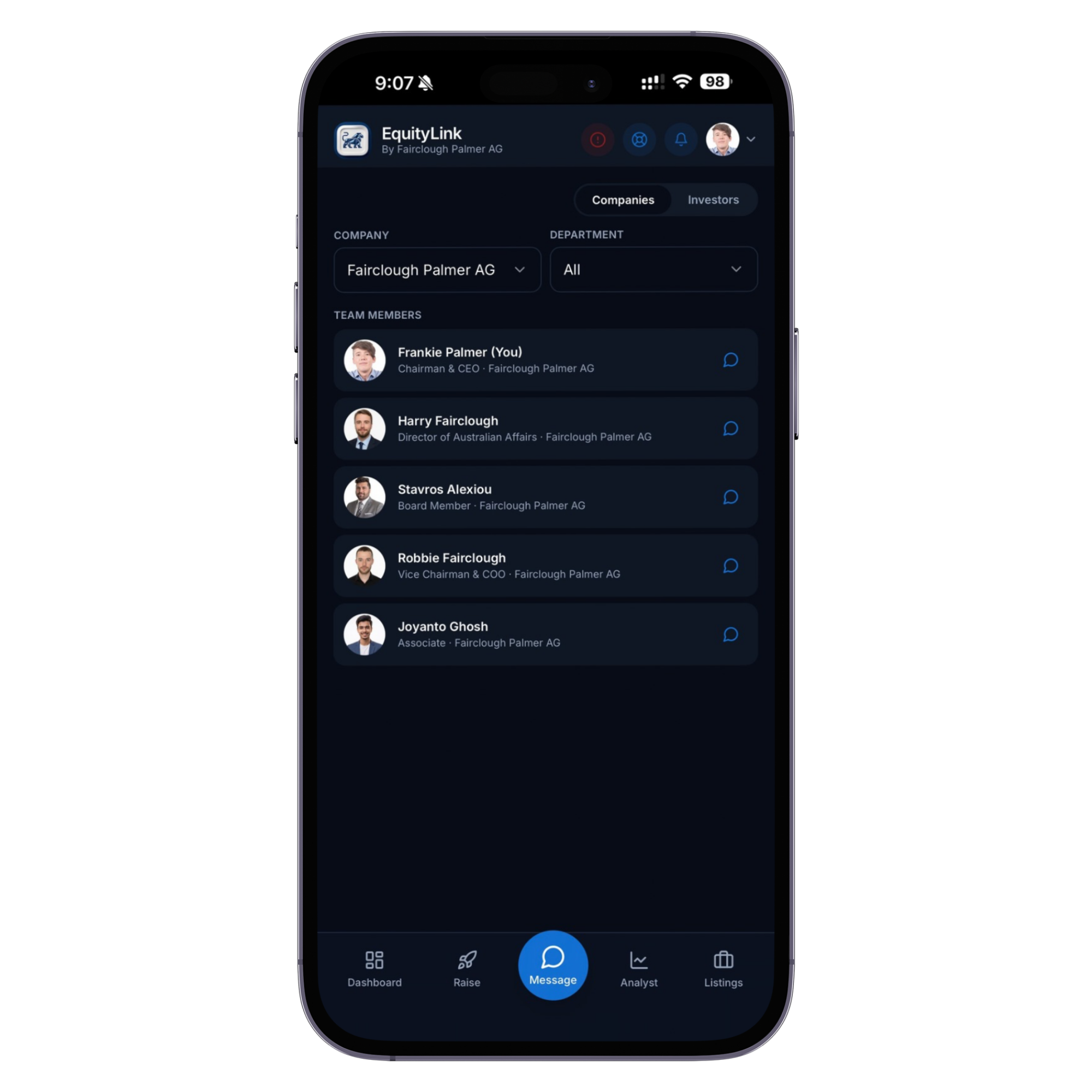 Direct Messaging shown in the EquityLink app