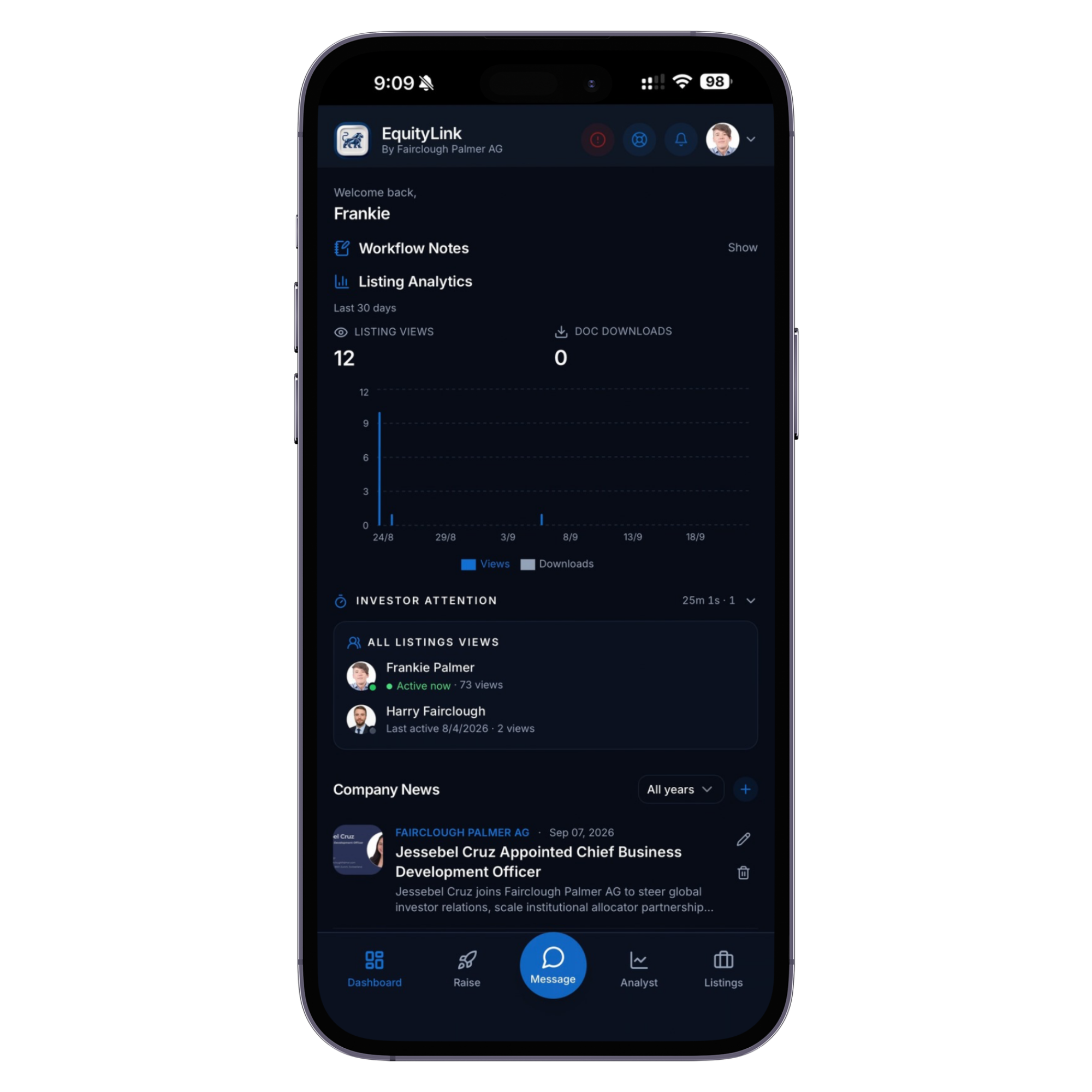 Investor Analytics shown in the EquityLink app